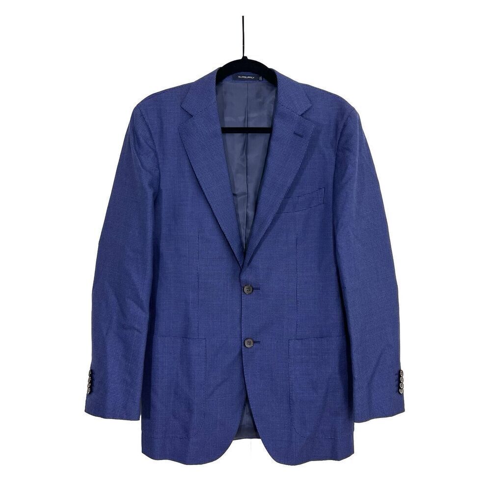 SUITSUPPLY Havana‎ Blazer Men’s 48 Slim Wool Silk Navy Blue Houndstooth Plaid